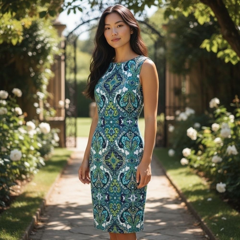 Sleeveless Paisley Sheath Dress in Teal and Blue